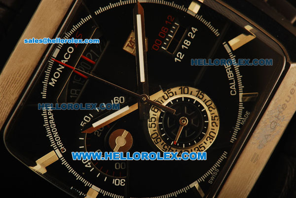 Tag Heuer Monaco Chronograph Quartz PVD Case with Black Dial and Black Leather Strap - Click Image to Close